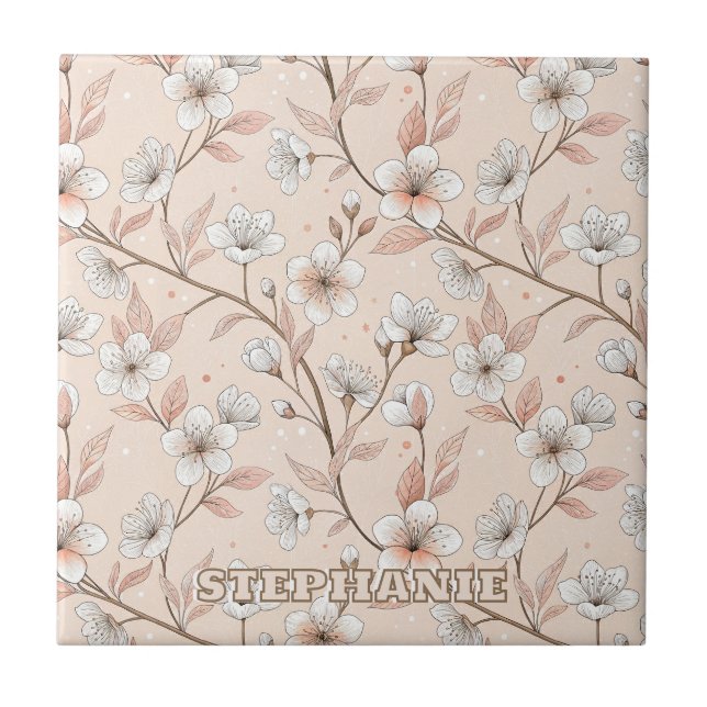 Pink Cherry Blossom Sakura Pattern on Pink (2) Tile (Front)