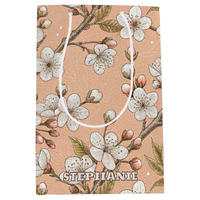 Pink Cherry Blossom Sakura Pattern on Pink (3) Medium Gift Bag (Front)