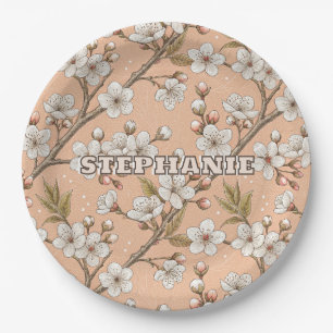 Pink Cherry Blossom Sakura Pattern on Pink (3) Paper Plate