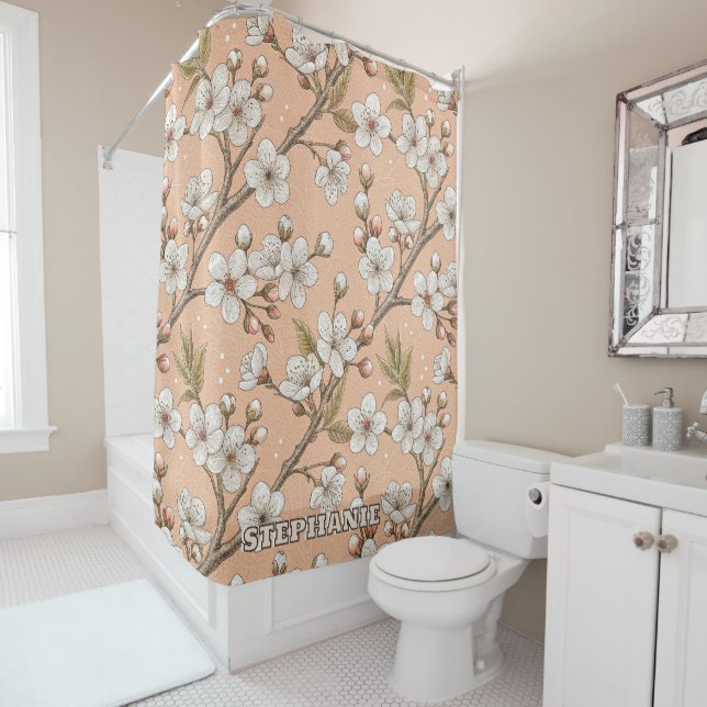 Pink Cherry Blossom Sakura Pattern on Pink (3) Shower Curtain (In Situ)