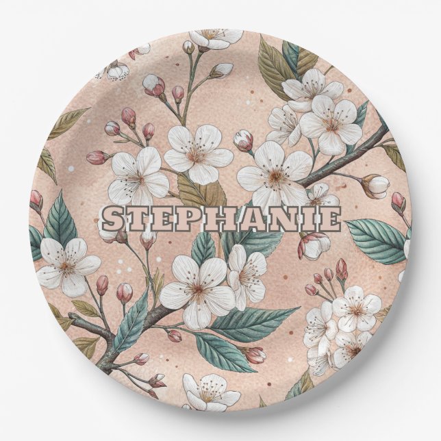 Pink Cherry Blossom Sakura Pattern on Pink (4) Paper Plate (Front)