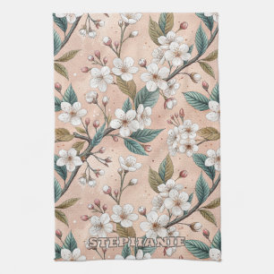 Pink Cherry Blossom Sakura Pattern on Pink (4) Tea Towel