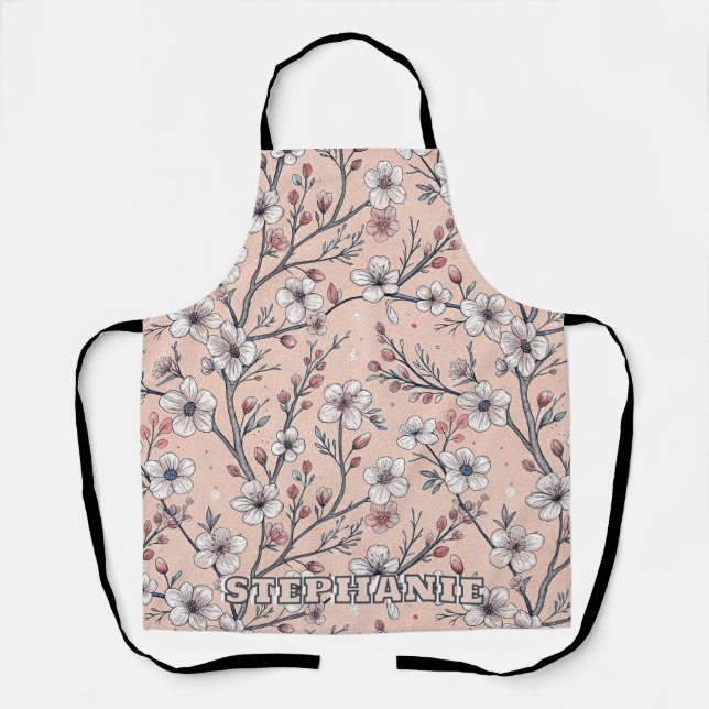 Pink Cherry Blossom Sakura Pattern on Pink Apron (Front)
