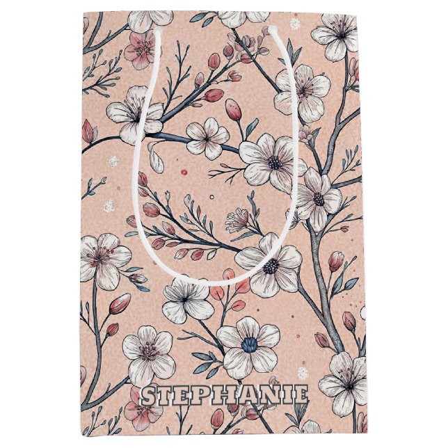 Pink Cherry Blossom Sakura Pattern on Pink Medium Gift Bag (Front)