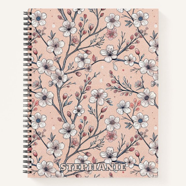 Pink Cherry Blossom Sakura Pattern on Pink Notebook (Front)