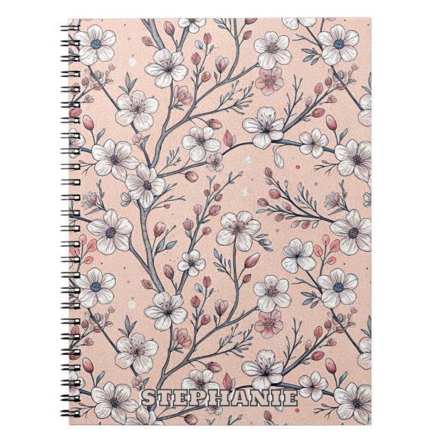 Pink Cherry Blossom Sakura Pattern on Pink Notebook (Front)