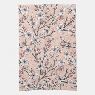 Pink Cherry Blossom Sakura Pattern on Pink Tea Towel