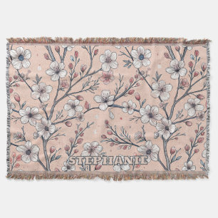 Pink Cherry Blossom Sakura Pattern on Pink Throw Blanket