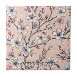 Pink Cherry Blossom Sakura Pattern on Pink Tile