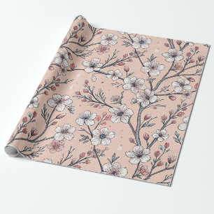 Pink Cherry Blossom Sakura Pattern on Pink Wrapping Paper