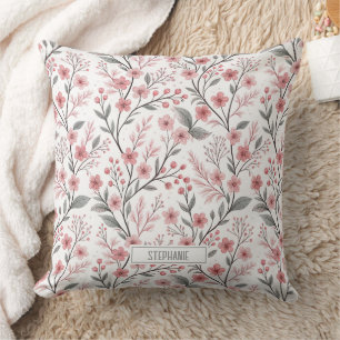 Pink Cherry Blossom Sakura Pattern on White (1) Cushion