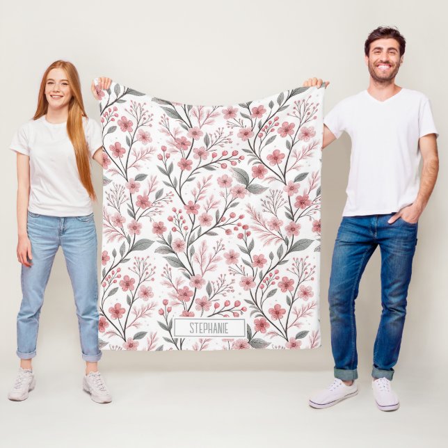 Pink Cherry Blossom Sakura Pattern on White (1) Fleece Blanket (In Situ)