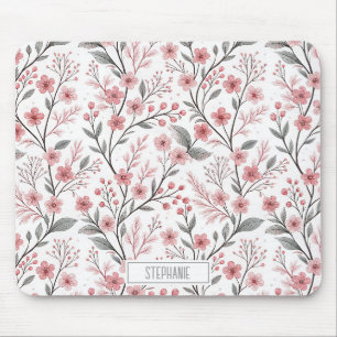 Pink Cherry Blossom Sakura Pattern on White (1) Mouse Pad