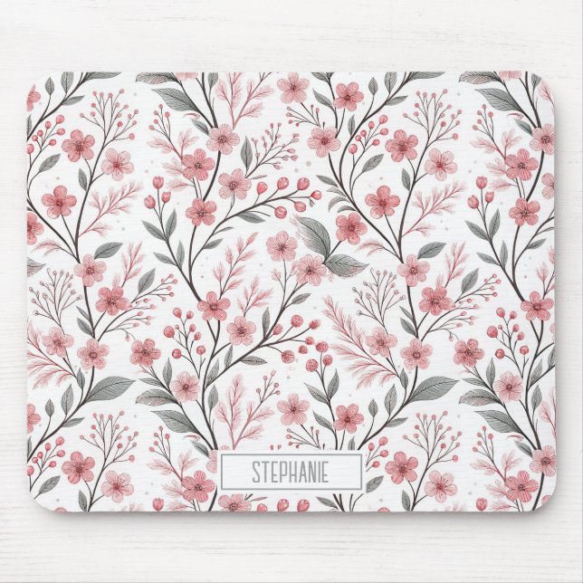 Pink Cherry Blossom Sakura Pattern on White (1) Mouse Pad (Front)