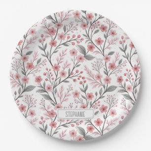 Pink Cherry Blossom Sakura Pattern on White (1) Paper Plate