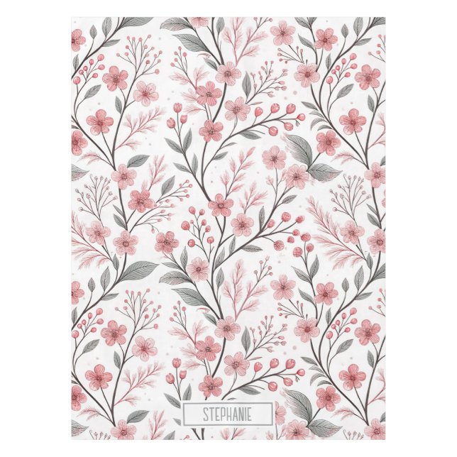 Pink Cherry Blossom Sakura Pattern on White (1) Tablecloth (Front)