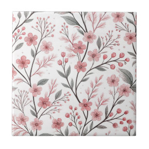 Pink Cherry Blossom Sakura Pattern on White (1) Tile