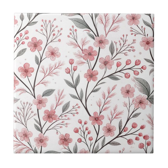 Pink Cherry Blossom Sakura Pattern on White (1) Tile (Front)