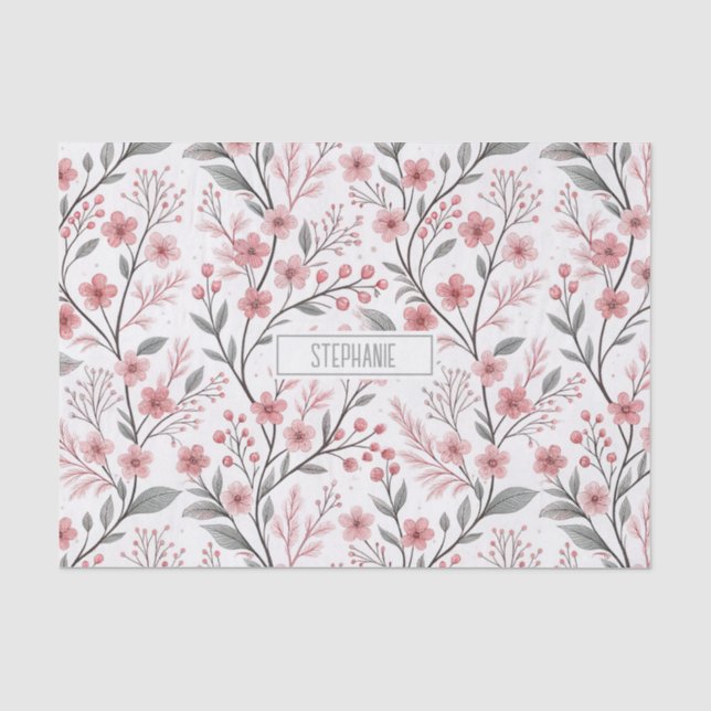 Pink Cherry Blossom Sakura Pattern on White (1) Tissue Paper (Front)
