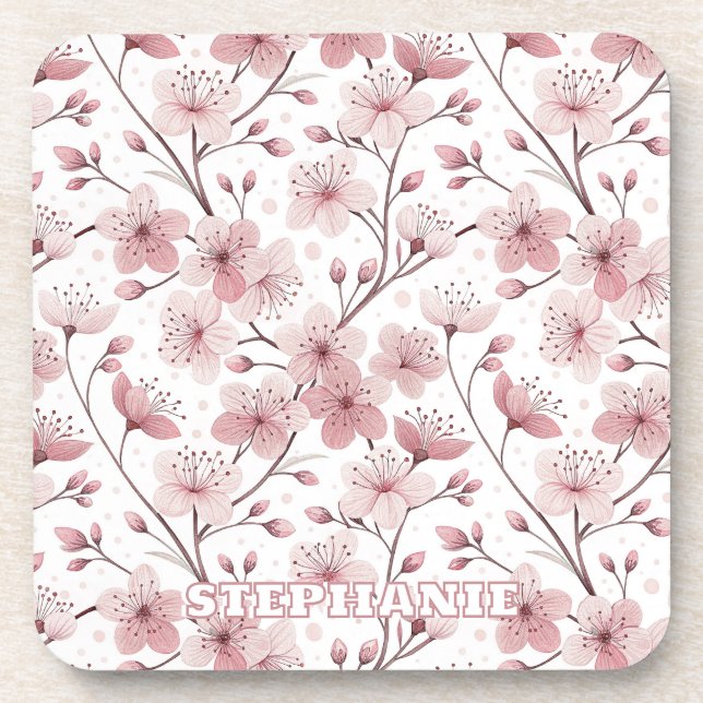 Pink Cherry Blossom Sakura Pattern on White (2) Coaster (Front)