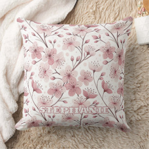 Pink Cherry Blossom Sakura Pattern on White (2) Cushion