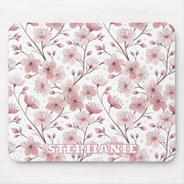 Pink Cherry Blossom Sakura Pattern on White (2) Mouse Pad (Front)