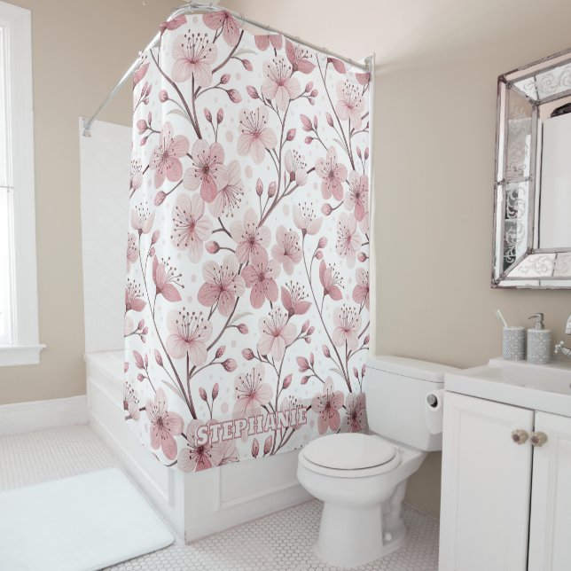 Pink Cherry Blossom Sakura Pattern on White (2) Shower Curtain (In Situ)