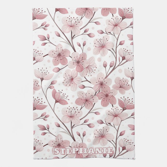 Pink Cherry Blossom Sakura Pattern on White (2) Tea Towel (Vertical)