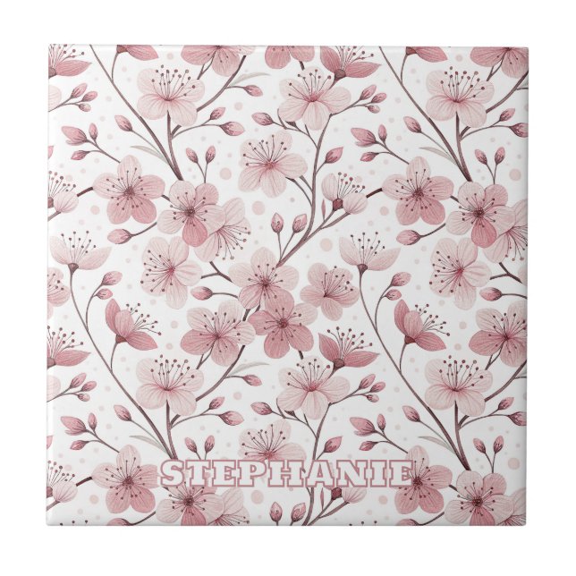 Pink Cherry Blossom Sakura Pattern on White (2) Tile (Front)