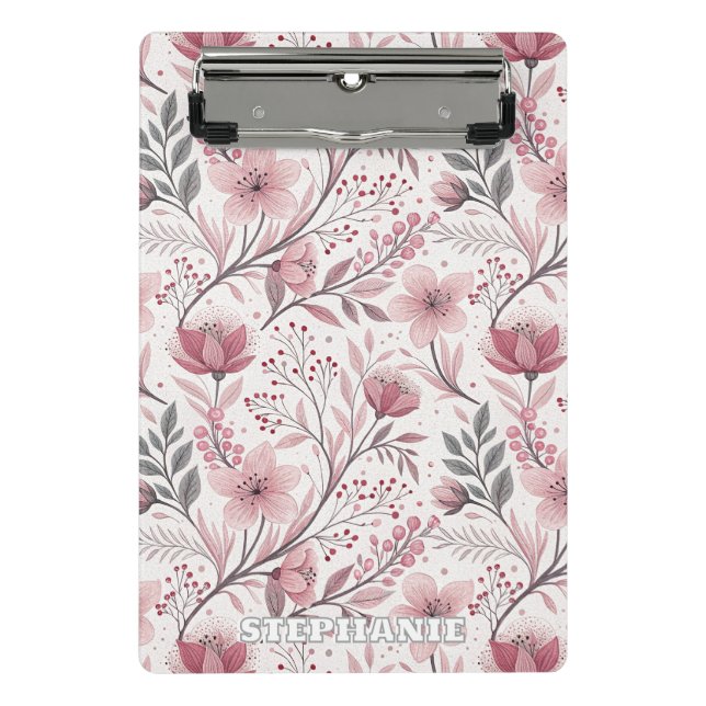 Pink Cherry Blossom Sakura Pattern on White (3) Mini Clipboard (Front)