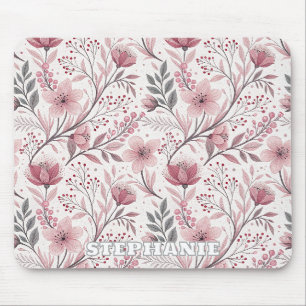Pink Cherry Blossom Sakura Pattern on White (3) Mouse Pad