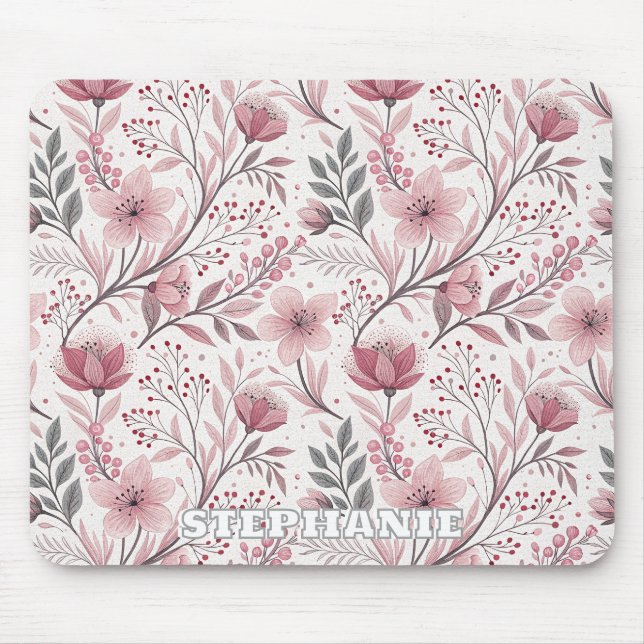 Pink Cherry Blossom Sakura Pattern on White (3) Mouse Pad (Front)