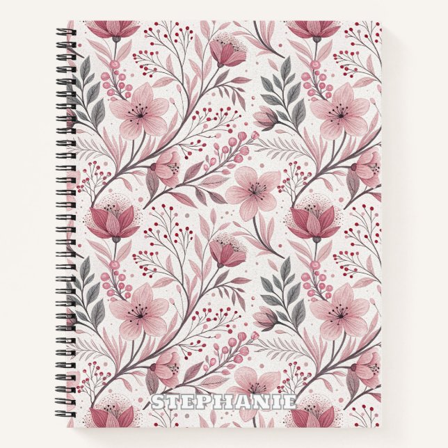 Pink Cherry Blossom Sakura Pattern on White (3) Notebook (Front)
