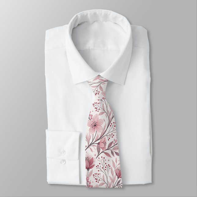 Pink Cherry Blossom Sakura Pattern on White (3) Tie (Tied)