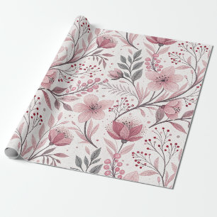 Pink Cherry Blossom Sakura Pattern on White (3) Wrapping Paper