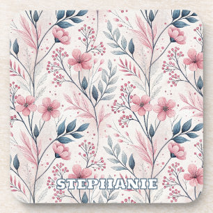 Pink Cherry Blossom Sakura Pattern on White (4) Coaster