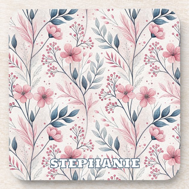Pink Cherry Blossom Sakura Pattern on White (4) Coaster (Front)