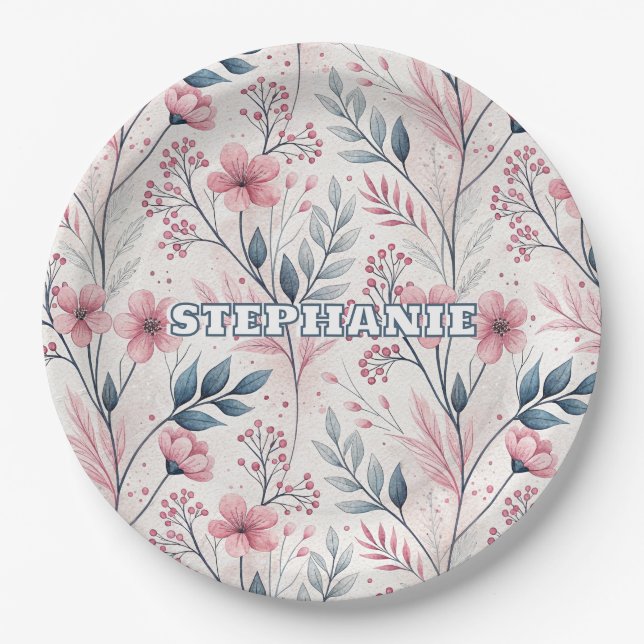 Pink Cherry Blossom Sakura Pattern on White (4) Paper Plate (Front)