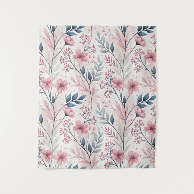 Pink Cherry Blossom Sakura Pattern on White (4) Tapestry (Front)