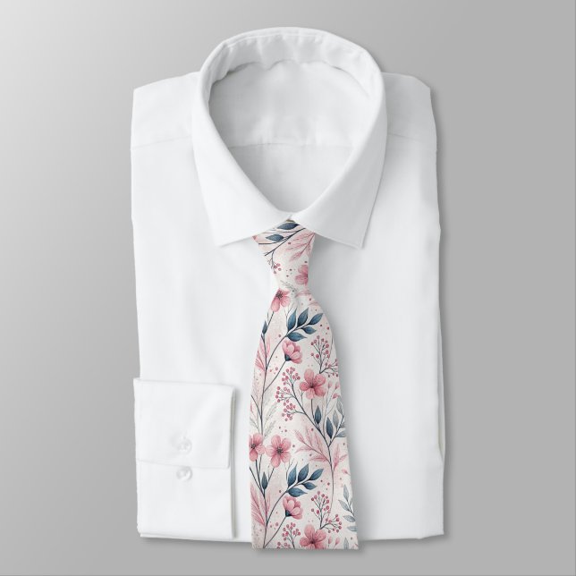 Pink Cherry Blossom Sakura Pattern on White (4) Tie (Tied)