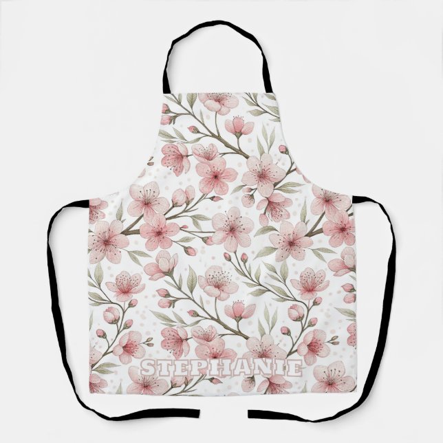 Pink Cherry Blossom Sakura Pattern on White (5) Apron (Front)
