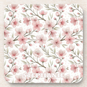 Pink Cherry Blossom Sakura Pattern on White (5) Coaster