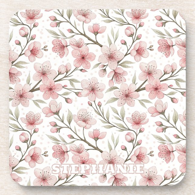 Pink Cherry Blossom Sakura Pattern on White (5) Coaster (Front)