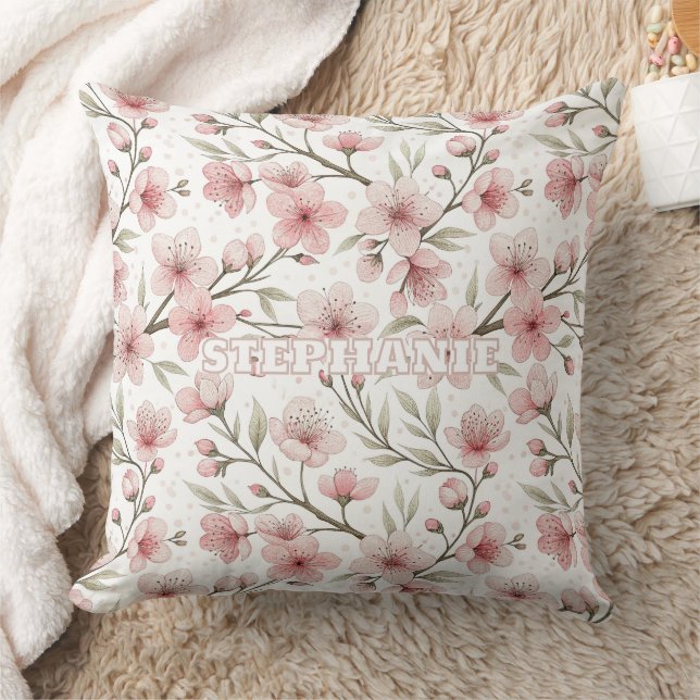 Pink Cherry Blossom Sakura Pattern on White (5) Cushion (Blanket)