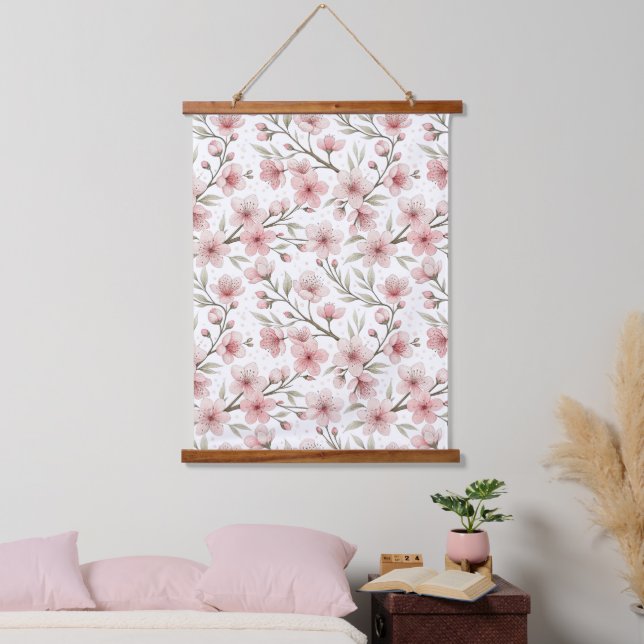 Pink Cherry Blossom Sakura Pattern on White (5) Hanging Tapestry (Bedroom)