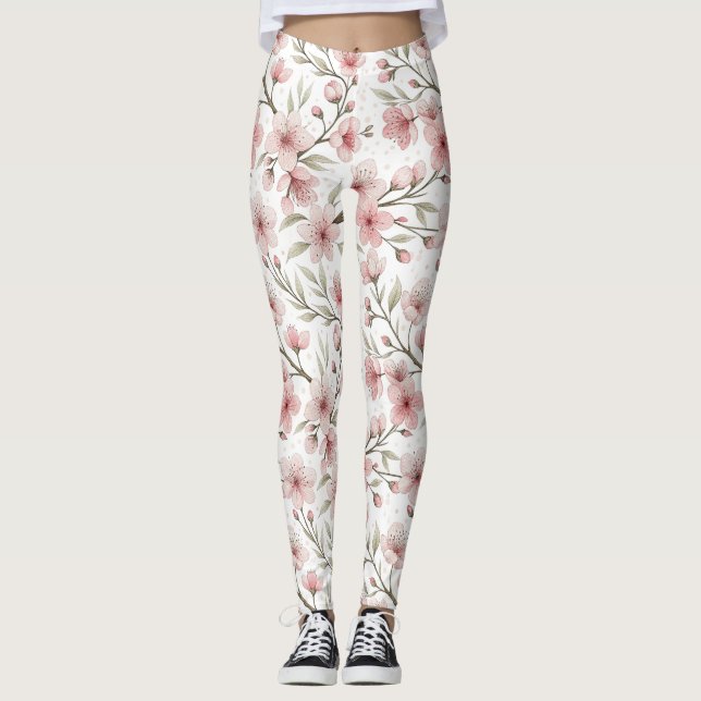 Pink Cherry Blossom Sakura Pattern on White (5) Leggings (Front)