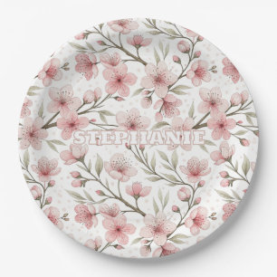 Pink Cherry Blossom Sakura Pattern on White (5) Paper Plate