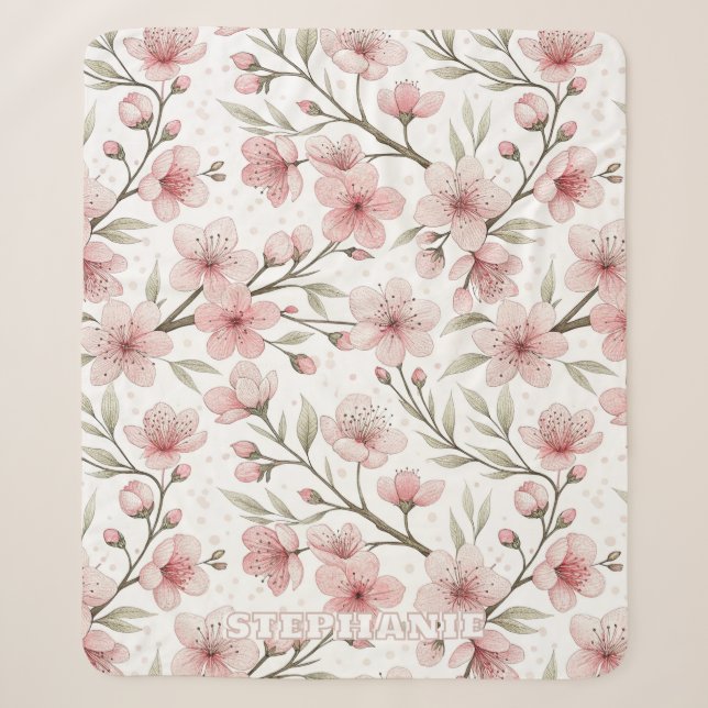 Pink Cherry Blossom Sakura Pattern on White (5) Sherpa Blanket (Front)