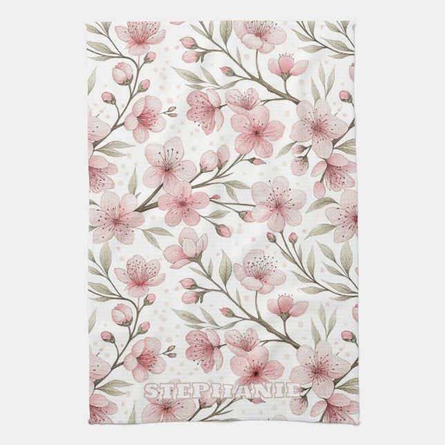Pink Cherry Blossom Sakura Pattern on White (5) Tea Towel (Vertical)