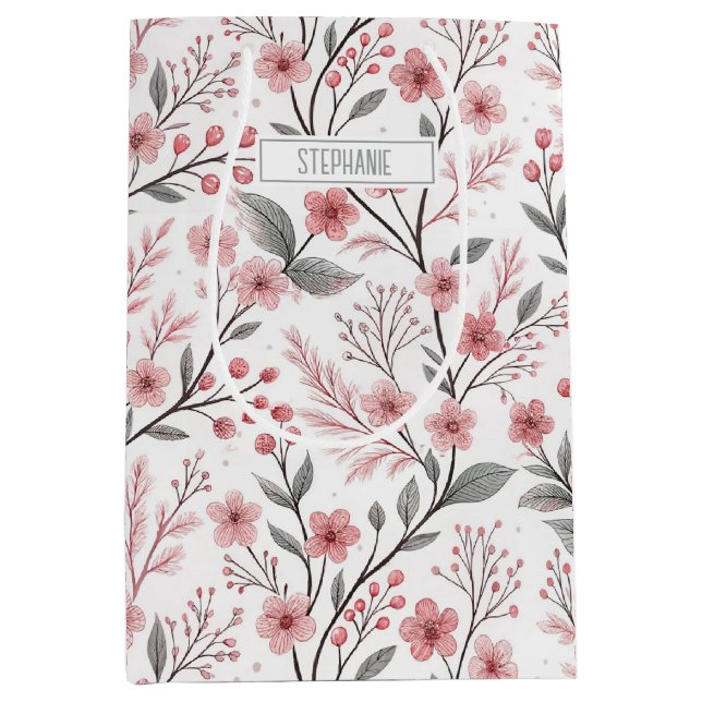 Pink Cherry Blossom Sakura Pattern on White Medium Gift Bag (Front)